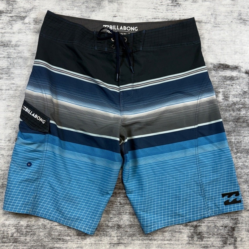 Billabong Platinum X Mens Blue Striped Board Shorts Swim Trunks Size 33